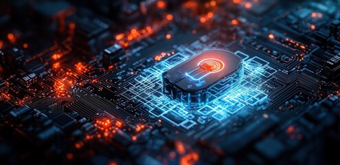 Close-up of a glowing digital lock icon integrated on a detailed circuit board emitting blue and orange lights symbolizing cyber security and data protection