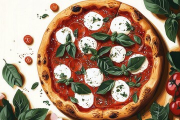 Freshly baked margherita pizza topped with tomato sauce, mozzarella cheese slices, and fresh basil leaves on a white surface decorated with scattered cherry tomatoes and basil
