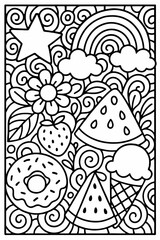 A delightful coloring adventure featuring sweet treats and celestial wonders surrounded by whimsical patterns for joyful artistic expression