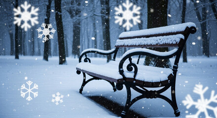 Snowcovered park bench in a serene winter wonderland with falling snowflakes creating a peaceful and magical atmosphere on a cold winter day