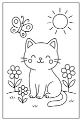 An adorable happy cat smiles sweetly in a beautiful garden with pretty flowers and a butterfly under the sun a fun coloring page © Hokyubi