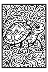 An adorable cartoon turtle explores a magical underwater scene amidst intricate swirling leaves and botanical patterns a delightful fun coloring page