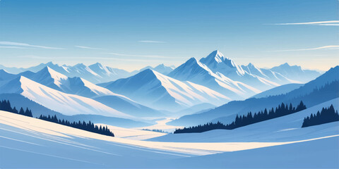Cool blue snowy landscape featuring layered mountain peaks and smooth white valleys.