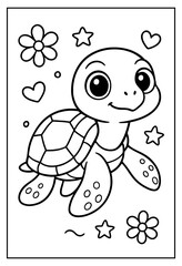 A cute baby turtle coloring page featuring charming stars hearts and flowers perfect for children to enjoy creative fun