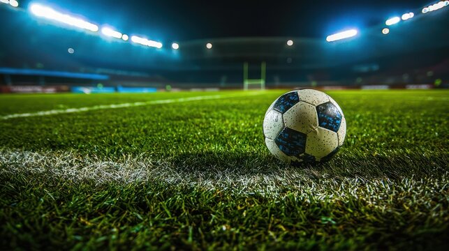 A soccer ball on a grass field with a stadium in the background.