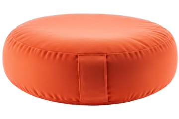 Round orange fabric floor cushion pouf with handle for home interior on a transparent background