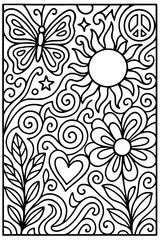 A harmonious coloring page illustrating a butterfly sun flower peace symbol and heart with flowing swirls for artistic enjoyment