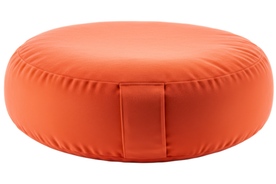 Round orange fabric floor cushion pouf with handle for home interior on a transparent background