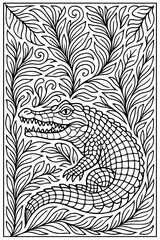 Explore the fascinating world of intricate jungle animals with this captivating alligator coloring page surrounded by elegant botanical designs