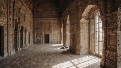 Fototapeta premium Ancient Interior Architecture with Arches and Sunlight.