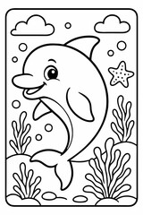 A happy cartoon dolphin exploring a beautiful underwater world filled with charming sea plants and playful bubbles a perfect coloring activity