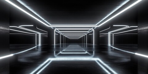 Fototapeta premium Empty futuristic corridor with glowing white neon frames, reflective black floor and mirrored walls in symmetrical vanishing perspective, evoking a cold, mysterious high-tech atmosphere