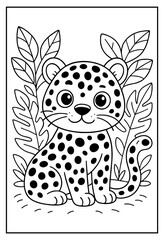 This adorable baby leopard coloring page nestled in jungle foliage offers kids a delightful creative activity with wild animals