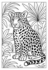 A majestic spotted leopard sits peacefully among lush jungle plants, a captivating wildlife coloring page perfect for relaxation and creative joy.