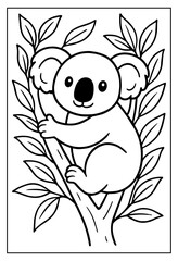 Cute koala bear happily sitting on a sturdy tree branch surrounded by leaves perfect for a delightful children's coloring activity