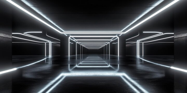 Empty futuristic corridor with glowing white neon frames, reflective black floor and mirrored walls in symmetrical vanishing perspective, evoking a cold, mysterious high-tech atmosphere