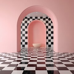 whtite and black race tile floor on a kids pink backdrop