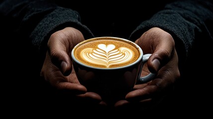 Two hands holding a white mug with a heart-shaped latte art design.
