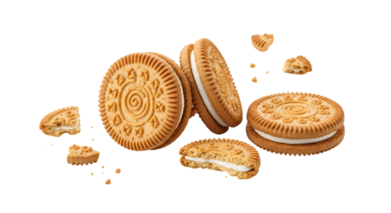 Round golden cream filled sandwich cookies with decorative embossed patterns, cutout, PNG isolated on white or transparent background