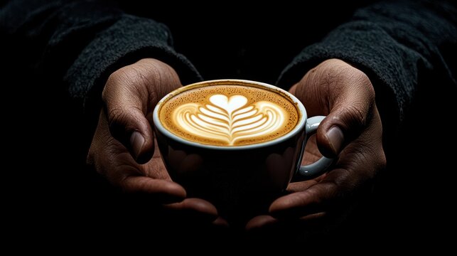 Two hands holding a white mug with a heart-shaped latte art design.