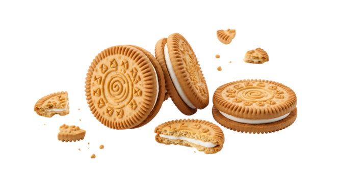 Round golden cream filled sandwich cookies with decorative embossed patterns, cutout, PNG isolated on white or transparent background