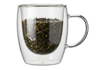 Double-wall glass cup filled with brewing loose-leaf herbal tea on a transparent background