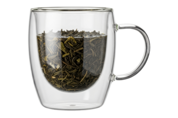 Double-wall glass cup filled with brewing loose-leaf herbal tea on a transparent background