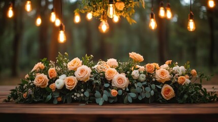 peach and cream rose centerpiece with eucalyptus and white blooms on a wooden table under warm hanging bulbs creating a romantic cozy evening atmosphere