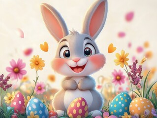 adorable smiling fluffy gray bunny with big eyes and rosy cheeks sitting among colorful decorated easter eggs and spring flowers with hearts and warm sunlight, joyful and playful