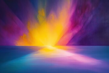 Obraz premium Glowing yellow sunburst on the horizon over calm reflective sea, vivid purple, pink and blue sky, serene dreamy atmosphere