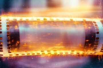 Glowing vintage photographic film strip with sprocket holes bathed in warm golden light, dreamy nostalgic cinematic atmosphere