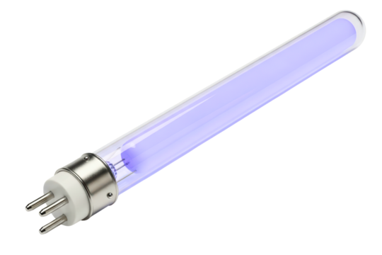 Glowing purple ultraviolet lamp tube for sterilization on a transparent background