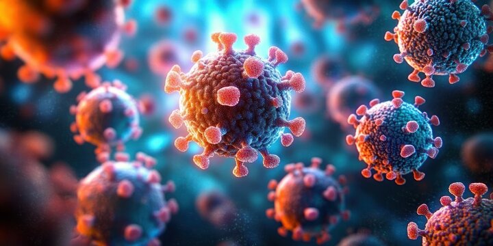 close-up of textured spherical viral particles with spike proteins glowing orange and blue, floating in fluid — ominous microscopic view conveying threat and danger - Powered by Adobe