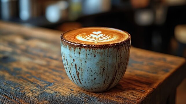 speckled ceramic cup of latte with heart shaped foam art on a rustic wooden table, warm inviting cozy cafe atmosphere