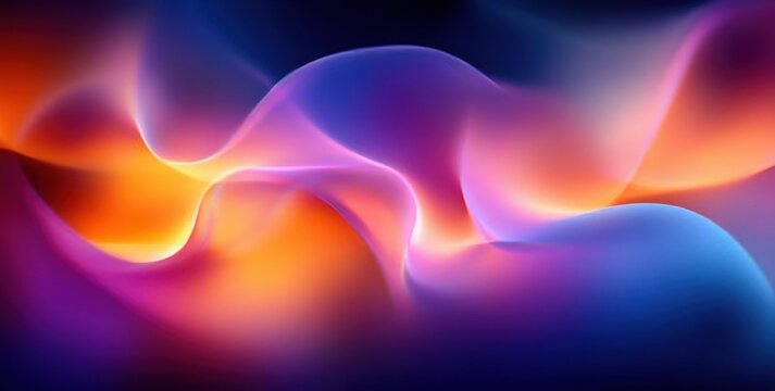 Dreamy luminous abstract waves of flowing color in glowing purple, blue and orange, soft curving light forms evoking calm, warmth and vibrant energy