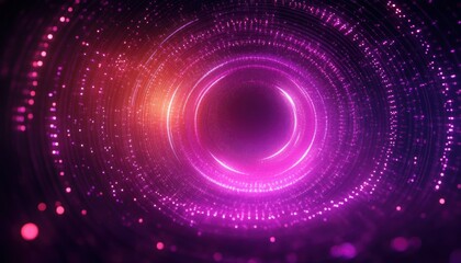 glowing purple and pink digital tunnel of concentric rings and floating light particles with warm orange accent, evoking mystery and futuristic wonder