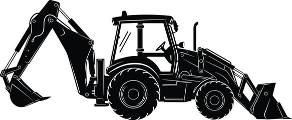 Black silhouette vector illustration of a heavy backhoe loader tractor with front bucket and rear excavator arm, construction machinery concept isolated. © It's Majed Here
