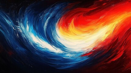 swirling blue and red paint waves converging into a bright yellow-white vortex, dramatic energetic clash of fire and water with dynamic brushstroke motion