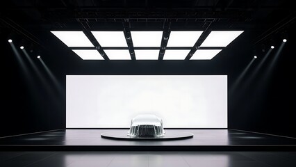 Sleek Car Unveiling on Stage with Bright Lights.