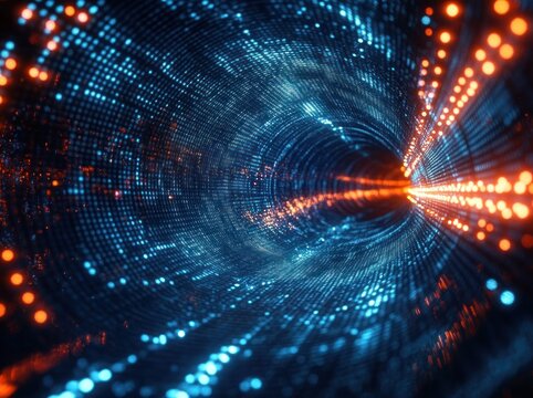 Glowing blue digital tunnel of swirling dots and orange light streaks leading to a bright vanishing point, conveying speed, energy and immersive futuristic motion