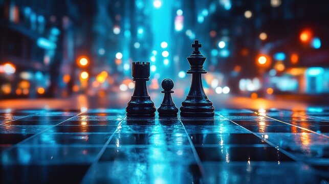 three chess pieces king, rook and pawn on a wet reflective chessboard at night with blurred city lights and a moody cinematic atmosphere