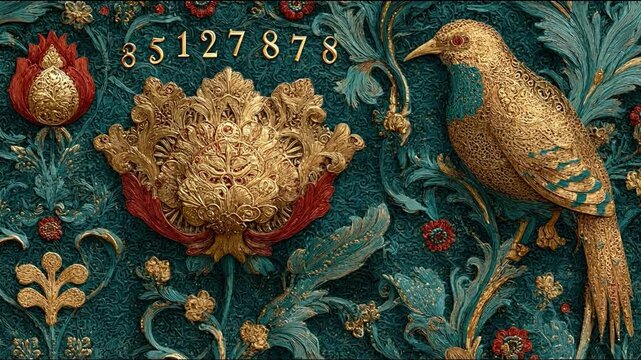 Ornate gold bird and floral design on emerald textile pattern