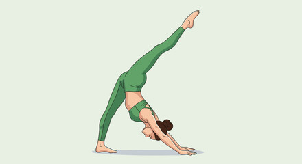 Naklejka premium A woman in green sportswear practices a one-legged downward-facing dog yoga pose on a plain background.