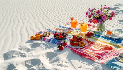 Obraz premium 白い砂浜で楽しむカラフルなビーチピクニック / Colorful beach picnic on white sand 