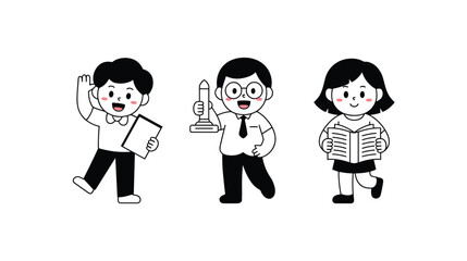 Young Intellectuals: A charming illustration depicts three young learners, each engaged with a tool of knowledge, fostering a world of learning. 