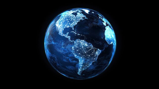A glowing blue Earth with cities lit up, representing global connectivity and technology.