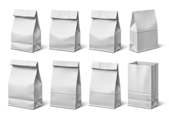 Collection of blank white paper bags isolated on white background