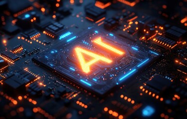 Glowing AI processor on a detailed circuit board lit by neon orange and blue lights, conveying futuristic energy and intense technological power
