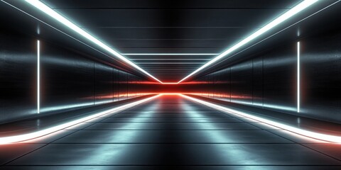 sleek futuristic neon corridor with reflective glossy floor, metal walls and blue-white light strips leading to a glowing red vanishing point, eerie suspenseful atmosphere