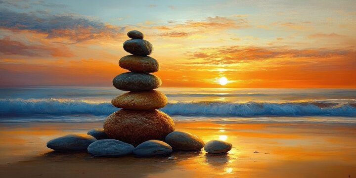 stacked smooth stones on a sandy beach at sunset with gentle waves, golden reflections on wet sand and a tranquil, serene orange sky